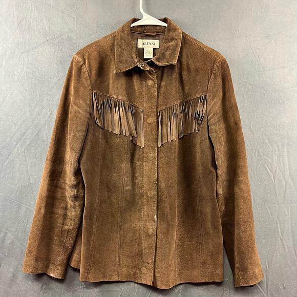 Vintage Alfani Medium Western Suede Shirt Shacket Snap Up Leather Frills Cowboy